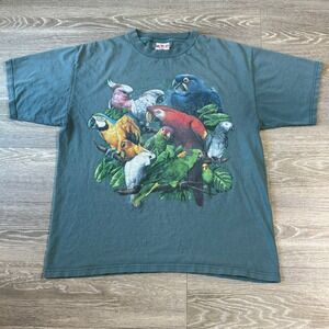 Vintage 90s Wild Gear Rainforest Birds Nature Graphic‎ Tee XL Green Tropical